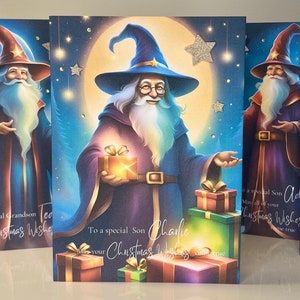 Gepersonaliseerde zoon KERSTKAART. Tovenaar kerstkaart. Handgemaakte kerstkaart, 3D-sterren en edelstenen. Son Xmas Card, leuke kerstkaart voor Son