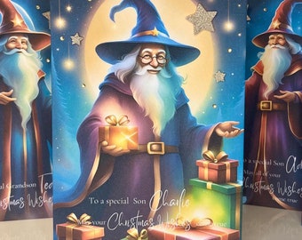 Personalised Son CHRISTMAS CARD. Wizard Christmas Card. Handmade Christmas Card, 3d Stars & Gems. Son Xmas Card, Fun Christmas Card for Son