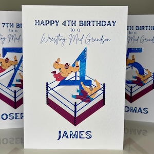 Biglietto di auguri personalizzato per il 4° compleanno del nipote, biglietto di auguri per il 4° compleanno del nipote che lotta, biglietto di auguri fatto a mano per il 4° compleanno del nipote che lotta, 4° compleanno
