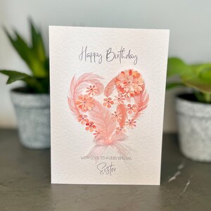 Carte d'anniversaire soeur, jolie carte d'anniversaire pour soeur, carte d'anniversaire soeur faite main, carte d'anniversaire plume rose, carte d'anniversaire pour soeur