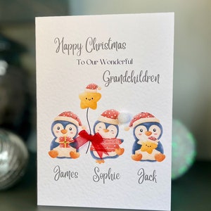 Carte de Noël petits-enfants, carte de Noël pingouin, carte de Noël petit-fils, carte de Noël petite-fille, carte 3D décorée à la main, carte personnalisée