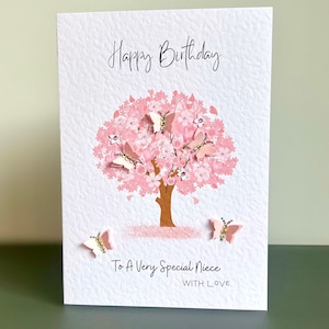 Tarjeta de cumpleaños para sobrina con flores de cerezo y mariposas rosas en 3D, gemas y mariposas en 3D, tarjeta de cerezo, tarjeta de cumpleaños para sobrina, tarjeta para sobrina