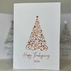 Tarjeta minimalista de Acción de Gracias, tarjeta de Acción de Gracias hecha a mano, tarjeta sencilla con árbol de Acción de Gracias decorado a mano con gemas naranjas, tarjeta personalizada