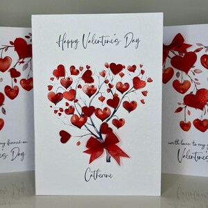 Carte de Saint-Valentin personnalisée, carte de Saint-Valentin de luxe, carte de Saint-Valentin faite main avec coeurs 3D, ruban d'organza rouge et pierres précieuses, amour