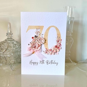 Carte 70e anniversaire, carte d'anniversaire âge, carte d'anniversaire spéciale, carte souvenir 70e, carte soixante-dix, carte 70, carte 70e avec noeud de fleurs et de pierres précieuses en 3D