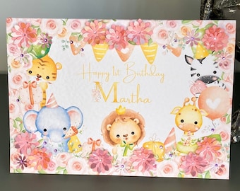 Personalised 1st Birthday Card, Safari Birthday Card, Any Age Name Birthday Card, Girl's Birthday Card, Girl's 1st Birthday Card, 3d Flowers