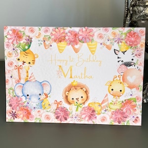 Gepersonaliseerde 1e verjaardagskaart, safariverjaardagskaart, elke leeftijdsnaam verjaardagskaart, verjaardagskaart meisje, 1e verjaardagskaart meisje, 3D-bloemen