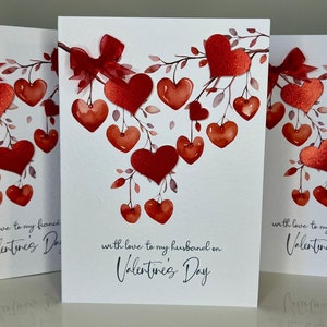 Carte de Saint-Valentin pour mari, carte de Saint-Valentin de luxe, carte de Saint-Valentin unique, carte faite main avec coeurs 3D, ruban d'organza rouge et pierres précieuses