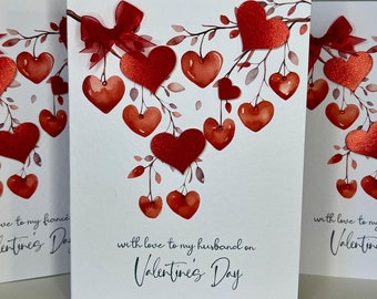 Tarjeta de San Valentín para tu esposo, tarjeta de San Valentín de lujo, tarjeta de San Valentín única, tarjeta hecha a mano con corazones 3D, cinta de organza roja y gemas.