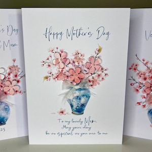 Tarjeta para el Día de la Madre con flores de cerezo personalizada, tarjeta para el Día de la Madre hecha a mano, flores en 3D, corazón, perlas y cinta blanca, tarjeta especial para el Día de la Madre