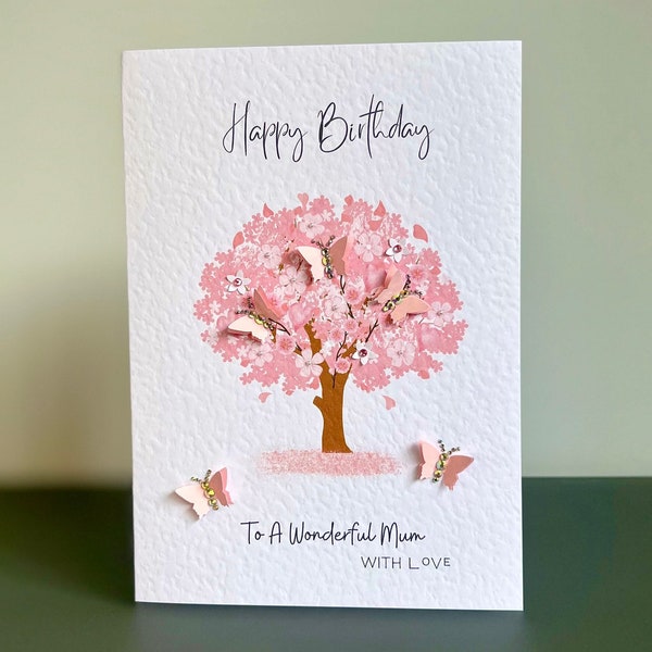 Mum Happy Birthday Card, MUM Cherry Blossom Tree BIRTHDAY CARD, Wonderful Mum Card, Mum Birthday Card, 3D Butterfly Card, Cherry Tree Card
