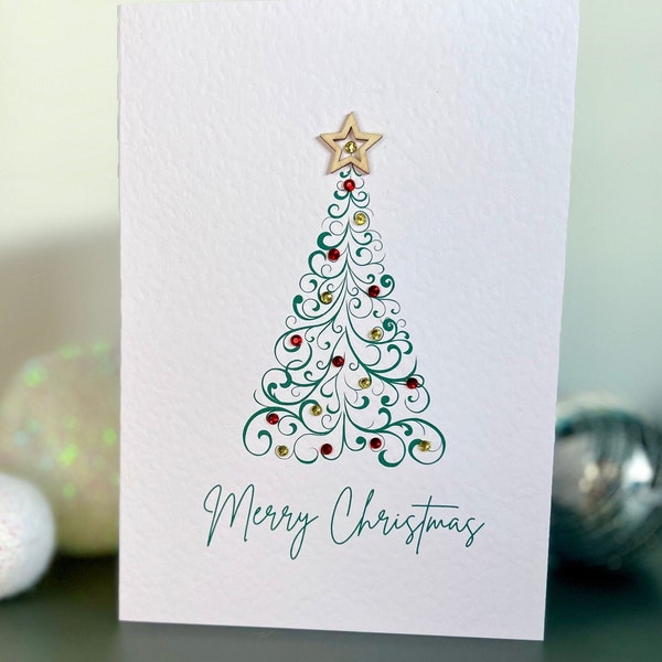 Minimalist Christmas Card Handmade, Christmas Tree Card, Merry Christmas Card With Christmas Tree Wooden Star & Gems, Simple Christmas Card