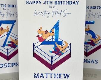 Tarjeta de cumpleaños personalizada para hijo por su cuarto cumpleaños, tarjeta de cumpleaños de lucha libre para hijo, tarjeta de cumpleaños hecha a mano para hijo, tarjeta de cumpleaños de lucha libre para hijo, cuarto cumpleaños