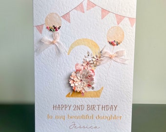 Personalised DAUGHTER 2nd Birthday Card, Handmade Number 2 Birthday Card, Happy 2nd Birthday Card, Any Age - Name - Relation Birthday Card