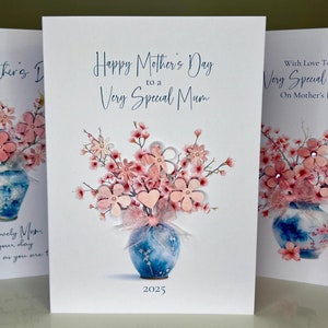 Moederdagkaart kersenbloesem, handgemaakte Moederdagkaart, 3D-bloemen, hart, parels en roze lint, speciale moederdagkaart, op maat gemaakt
