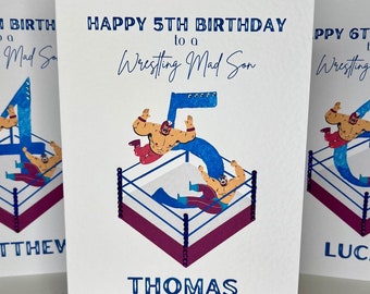 Tarjeta de cumpleaños personalizada para hijo por su quinto cumpleaños, tarjeta de cumpleaños de lucha libre para hijo, tarjeta de cumpleaños hecha a mano para hijo, tarjeta de cumpleaños de lucha libre, tarjeta de quinto cumpleaños