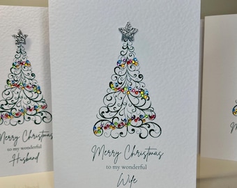 Tarjeta de Navidad para esposa, tarjeta de árbol de Navidad hecha a mano, tarjeta de Navidad sencilla con árbol de Navidad, estrella brillante y gemas, tarjeta de Feliz Navidad para esposa