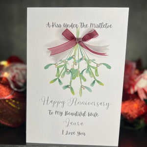 Tarjeta personalizada de aniversario de invierno para esposa, tarjeta de aniversario personalizada para esposa, tarjeta de aniversario de muérdago de Navidad hecha a mano