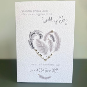 Cartão do dia do casamento do marido, cartão do dia do casamento do noivo, cartão de casamento do noivo feito à mão com pedras preciosas e pérolas, cartão do marido para ser, cartão de casamento