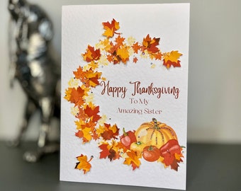 SISTER THANKSGIVING Card, Happy Thanksgiving Card with 3D Leaves & Gems, Amazing Sister Thanksgiving Card, Thanksgiving Card For Sister