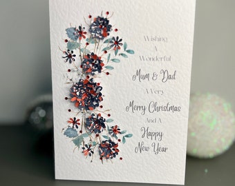 Contemporary CHRISTMAS Card for MUM & DAD, 3D Christmas Print Flowers with Gems, Mum and Dad Xmas Card, Mom and Dad, Parents Christmas Card