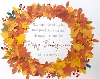 Happy Thanksgiving Card, Thanksgiving Card, 3d Autumn Leaf Thanksgiving Card, 3d Fall Leaves Thanksgiving Card, Thanksgiving Wreath with Gem