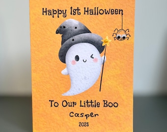 Personalised Baby's First Halloween Card, Handmade 1st Halloween Card, Happy Halloween Card, Halloween Card For Baby Boy, Cute Ghost Spider
