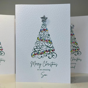 Tarjeta de Navidad para hijo, tarjeta de árbol de Navidad hecha a mano, tarjeta de Navidad sencilla con árbol de Navidad, estrella brillante y gemas, tarjeta de Navidad para hijo