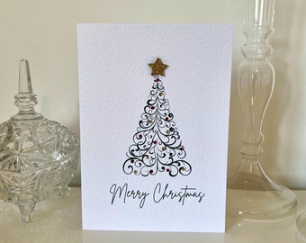 Cartão de Natal minimalista, Cartão de árvore de Natal feito à mão, Cartão de Natal simples com estrela de madeira e pedras preciosas, Cartão de Feliz Natal