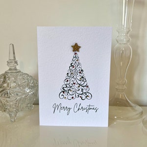Minimalistische kerstkaart, handgemaakte kerstboomkaart, eenvoudige kerstkaart met kerstboom, houten ster en edelstenen, vrolijke kerstkaart