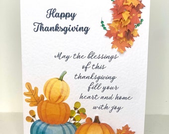 Handmade Happy Thanksgiving Card with Gems - 3D Leaves and a Pumpkin, Thanksgiving Card with Verse, Hand Crafted Keepsake Thanksgiving Card,