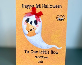 Personalised Baby's First Halloween Card, Handmade 1st Halloween Card, Happy Halloween Card, Halloween Card For Baby Girl, Cute Ghost Spider