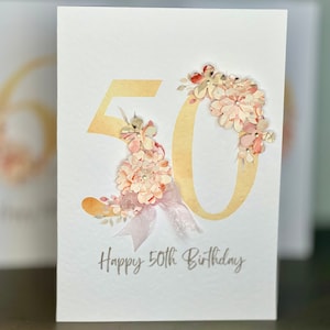 Biglietto di auguri per il 50° compleanno fatto a mano con fiori 3D, gemme e nastro rosa, biglietto di auguri per il 50° compleanno, biglietto di auguri speciale, biglietto ricordo per il 50° compleanno, biglietto da 50 anni