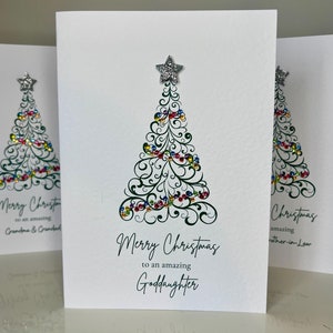 Patenkind Weihnachtskarte. Handgemachte Karte Tannenbaum. Schlichte Weihnachtskarte mit Tannenbaum, Glitzerstern & Gems. Gott-Tochter Karte