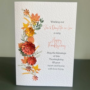Cartão de feliz dia de ação de graças para filho e nora feito à mão com flores e joias de outono em 3D, cartão de ação de graças para filho e nora,