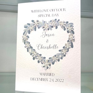 A Handmade WINTER WEDDING CARD, Personalised Winter Mistletoe Heart Wreath Wedding Card, Soon To Be Married Card, Christmas Wedding Card