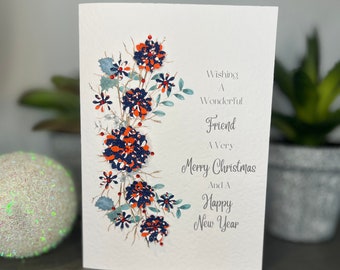 FRIEND CHRISTMAS CARD, Contemporary Christmas Card for Friend, 3D Christmas Flowers & Gems, Handmade Friend Christmas Card, Mini Candy Cane