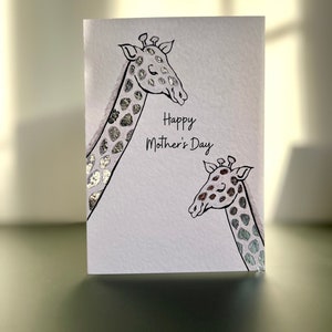 Cartão de DIA DAS MÃES GIRAFA, Cartão de Dia das Mães Girafa Feito à Mão com Folha de Prata, Cartão de Dia das Mães Safari para Mãe, Mamãe, Mãe, Mamãe, Mãe