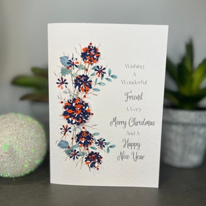 BIGLIETTO DI NATALE PER AMICO, Biglietto di Natale contemporaneo per amico, Fiori e gemme di Natale 3D, Biglietto di Natale per amico fatto a mano, Mini bastoncino di zucchero