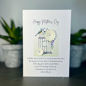 Biglietto per la festa della mamma con versi, biglietto speciale per la festa della mamma, biglietto di lusso per la festa della mamma, biglietto fatto a mano con fiori e gemme 3D. La mamma ama gli uccelli