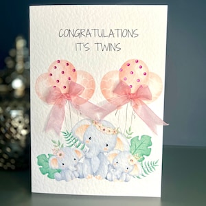 Carte pour jumeaux nouveau-nés, carte de félicitations pour des jumeaux, carte de nouveaux bébés jumeaux, carte maman avec bébé éléphants jumeaux, fille jumelles, filles
