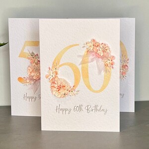 Biglietto di auguri per il 60° compleanno con fiori 3D, gemme e nastro rosa, biglietto di auguri per l'età, biglietto di auguri speciale, biglietto ricordo per il 60°, biglietto per il sessantesimo, biglietto da 60 anni