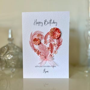 MUM Geburtstagskarte, rosa Geburtstagskarte mit 3D-Blumen-Band und Edelsteinen, handgemachte Geburtstagskarte für Mama, alles Gute zum Geburtstag, Geburtstagskarte für Mama