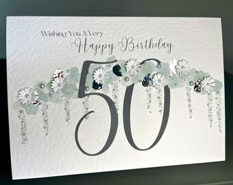 50th Birthday Card Handmade with Silver Leaf - 3d Flowers & Pearls, Luxury 50th Birthday Card, 50th Celebration Card, Keepsake 50th Card