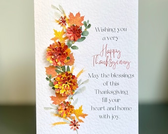 Tarjeta de verso de acción de gracias feliz hecha a mano con flores y gemas de otoño en 3D, tarjeta de acción de gracias de sendero de flores de otoño, tarjeta de acción de gracias con verso