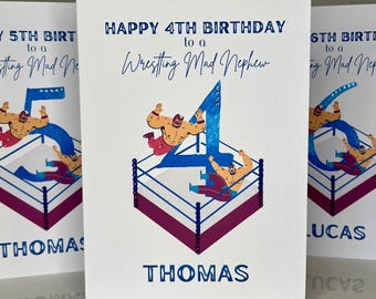 Tarjeta de cumpleaños personalizada para sobrino por su cuarto cumpleaños, tarjeta de cumpleaños de lucha libre para sobrino, tarjeta de cumpleaños hecha a mano, tarjeta de cumpleaños de lucha libre para hijo, cuarto cumpleaños