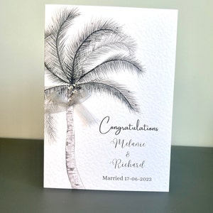 Zomer trouwkaart, gepersonaliseerde trouwkaart, luxe trouwkaart, handgemaakte kaart, bestemming trouwkaart, palmboom trouwkaart, uniek