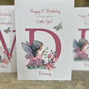Carte de 6e anniversaire, carte d'anniversaire de petite fille, carte de 6e anniversaire de fée, carte d'anniversaire décorée à la main, n'importe quelle lettre, n'importe quelle relation, carte de tout âge