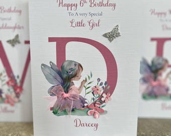 6th Birthday Card, Little Girl Birthday Card, Fairy 6th Birthday Card, hand decorated birthday Card, any letter, any relation, any age card