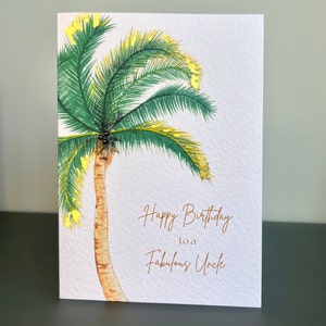 Palmboom oom verjaardagskaart met bladgoud en bruine parels, handgemaakte verjaardagskaart oom, luxe gelukkige verjaardag oomkaart, palmboomkaart
